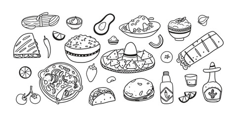 Variety of traditional Mexican dishes including tacos, tamales, tostadas, enchiladas, guacamole, and soup. Line art , doodle food illustration isolated on white .Trendy Mexican food.