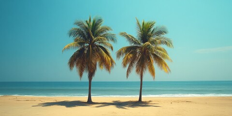 Fototapeta premium A scenic tropical beach with palm trees and golden hour lighting, showcasing tranquility and beauty. Ideal for travel or vacation themes.