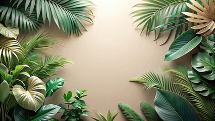 Lush Tropical Foliage Bordering a Neutral Background, Perfect for Nature-Inspired Designs and Projects.