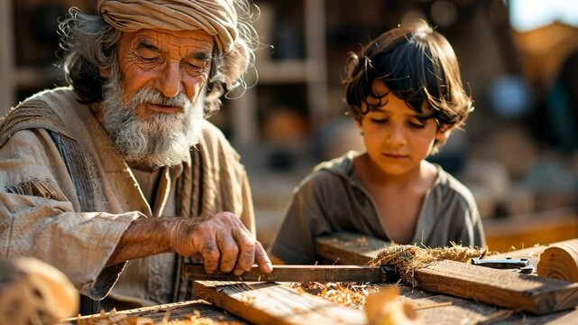 Joseph and the boy Jesus Christ doing carpentry. Can be used for Bible publications
