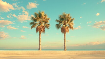 Obraz premium A scenic tropical beach with palm trees and golden hour lighting, showcasing tranquility and beauty. Ideal for travel or vacation themes.