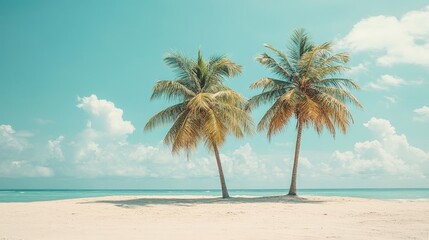 Fototapeta premium A scenic tropical beach with palm trees and golden hour lighting, showcasing tranquility and beauty. Ideal for travel or vacation themes.