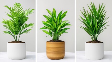 Fototapeta premium Modern Indoor Potted Plants Trio, Elegant Greenery Arrangement, Minimalist Home Decor, Lush Tropical Plants in Stylish Planters, Natural Aesthetic, Botanical Interior Inspiration