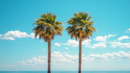 Obraz premium A scenic tropical beach with palm trees and golden hour lighting, showcasing tranquility and beauty. Ideal for travel or vacation themes.