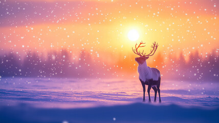 冬の夕暮れに浮かぶトナカイ—北欧のクリスマスの幻想