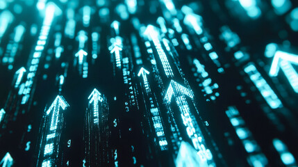 Digital matrix with glowing blue arrows and binary code