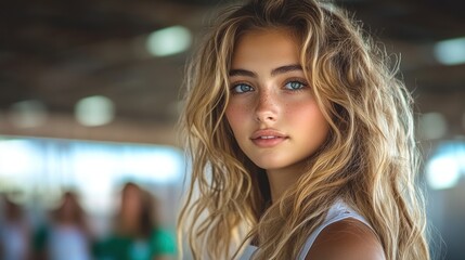 Obraz premium Close-up portrait of a beautiful young woman with long blonde wavy hair and blue eyes.