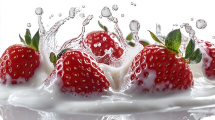 Strawberries splashing in cream kitchen counter food bright lighting close-up freshness