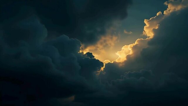 Dark stormy sky, dramatic clouds, sunlight breaking through, golden light, atmospheric, moody, cinematic, high contrast, digital art, fantasy landscape, ethereal, epic scenery, celestial,