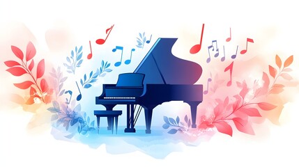 A flat illustration for World Piano Day, featuring a grand piano surrounded by musical notes floating in a soft gradient background of pastel blue and white, with delicate floral accents around the pi