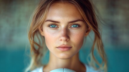 Fototapeta premium Close-up portrait of a young woman with blue eyes.