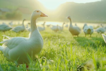 Obraz premium Sunny afternoon with a group of geese grazing in a vibrant green field near a tranquil pond. Copy space