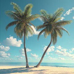 A scenic tropical beach with palm trees and golden hour lighting, showcasing tranquility and beauty. Ideal for travel or vacation themes.