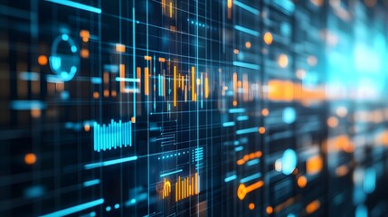 Obraz premium Futuristic digital background showcasing complex data visualizations in vibrant colors, representing advanced technology and innovation.