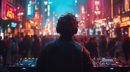 Obraz premium DJ performing in vibrant city nightlife with crowds