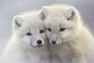 Obraz premium Two Arctic fox cubs with soft fur snuggle together, arctic winter landscape with snowfall, AI generated