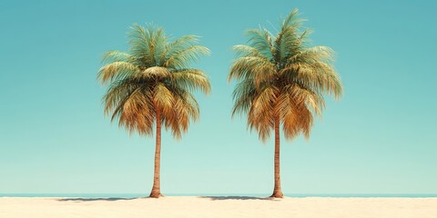 Obraz premium A scenic tropical beach with palm trees and golden hour lighting, showcasing tranquility and beauty. Ideal for travel or vacation themes.
