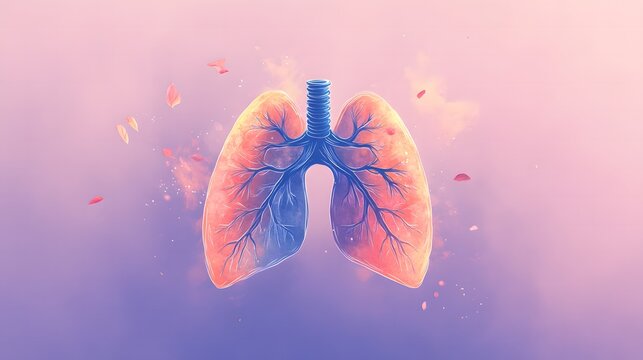 A vibrant flat illustration for World Tuberculosis Day, showing a circular design with lungs at the center, radiating abstract lines symbolizing strength and recovery, on a soft gradient background 