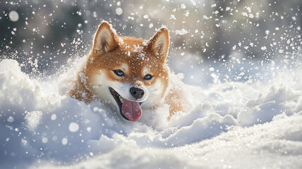 Obraz premium 雪の中で無邪気に遊ぶ柴犬の冬の楽しみ