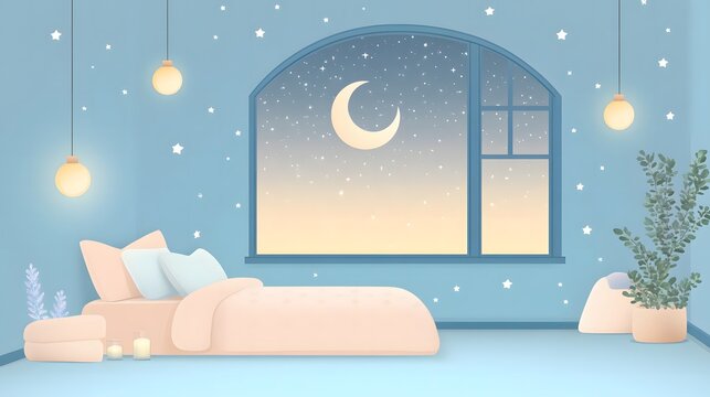 flat illustration for World Sleep Day, featuring a cozy bedroom scene with a crescent moon and stars visible through the window, soft pastel tones of blue