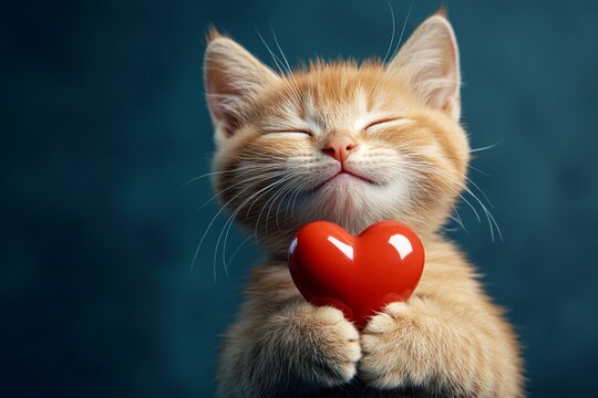 Promotion visual idea. Somali - my cherished cat. Cute somali feline infant with diamond red heart - emblem of love, funny greeting card. Heartwarming animal love. Romantic pet love photo.