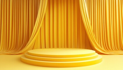 Golden Stage: A Minimalist 3D Render of a Circular Podium with Yellow Draped Curtains