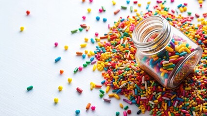Naklejka premium Vibrant colorful sprinkles scattered on a white background, surrounded by transparent glass jar and filled with rainbow of flavors, sprinkles, confetti