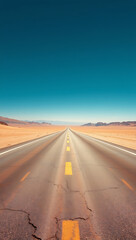 Fototapeta premium A realistic and mesmerizing scene of a long desert road under the blazing sun, where intense heatwave distortions create a shimmering mirage effect on the horizon.