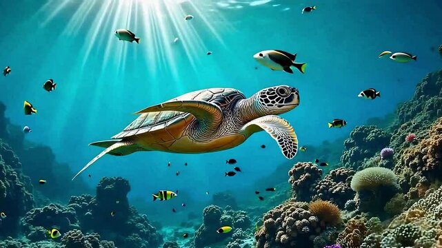 Underwater scene, sea turtle swimming, coral reef, tropical fish, sunbeams penetrating water, vibrant blue ocean, marine life, digital art, photorealistic, 