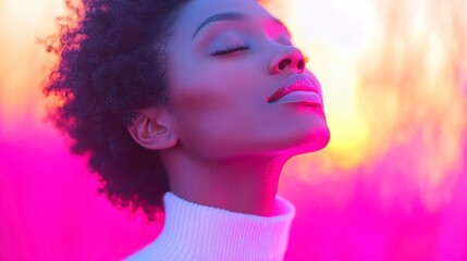 Obraz premium Radiant Forest Harmony, a Black woman surrounded by vibrant foliage and colorful blooms, embodying joy and peace in a lush, enchanting woodland.