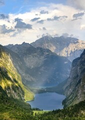 View from the Rothsteig to Lake Obersee, in the back Lake Königssee, Alps, mountain landscape, Berchtesgaden National Park, Berchtesgadener Land, Upper Bavaria, Bavaria, Germany, Europe