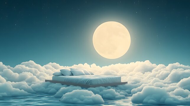 flat illustration for World Sleep Day, featuring a cozy bedroom scene with a crescent cloud and moon  - Powered by Adobe