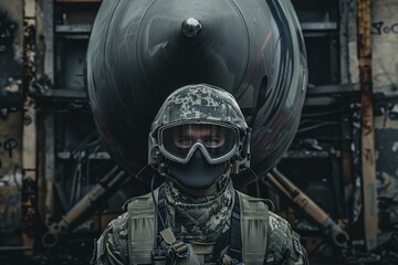Fototapeta premium Soldier in camouflage uniform and protective gear standing near a missile, embodying military power