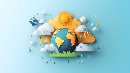 A flat illustration for World Meteorological Day, featuring a globe with weather icons like sun, clouds, raindrops, and lightning surrounding it
