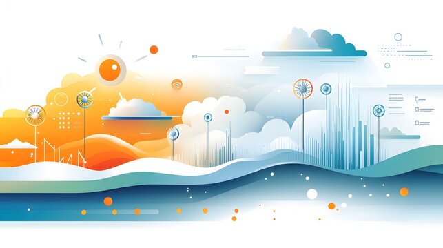A flat illustration background for World Meteorological Day, showing a weather station with spinning anemometers, colorful graphs, and a dynamic sky transitioning from sunny to stormy, rendered in har