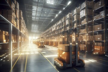 AI-controlled loading robots in a huge parcel warehouse, logistics, AI generated
