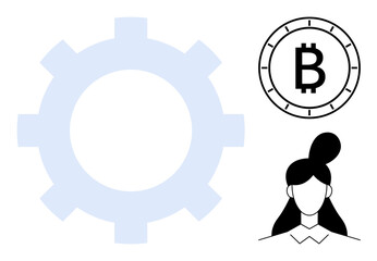 Large gear symbol, Bitcoin coin symbol, female avatar of businesswoman. Ideal for tech innovation, cryptocurrency, fintech, blockchain, business solutions, digital economy, user interface design