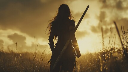 Warrior sunset silhouette, field,  powerful, fantasy