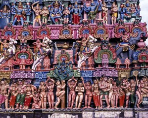 Stucco work, Sarangapani temple tower in Kumbakonam, Tamil Nadu, India, Asia