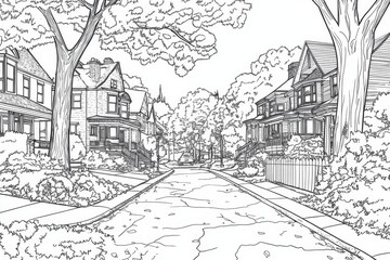 Obraz premium Charming Neighborhood Street Scene Drawing