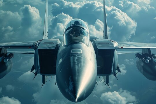 Modern fighter jet flying high above the clouds with military pilot in cockpit