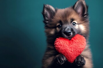 Belgian tervuren - my beloved dog. Commercial concept art. Cute belgian tervuren dog with fluffy red heart - sign of love, funny greeting card. Valentine's animal photography ideas. Pet love.