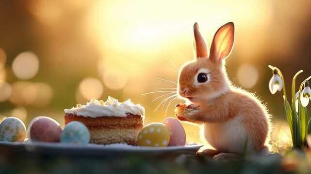 Easter background. Cute bunny eats a piece of cake on the grass 