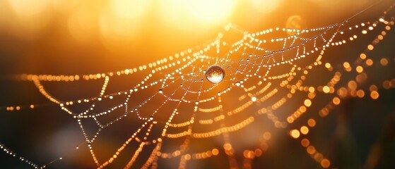Dew-covered spider web glistening in morning sunlight