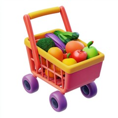 full shopping cart with colorful fruits and vegetables, isolated on a clean white background