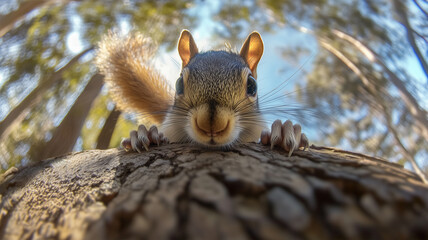 Obraz premium 木の上からカメラを覗くリスの愛嬌たっぷりのショット