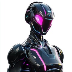 futuristic humanoid robot with holographic panels and a glowing expression, isolated on a clean white background