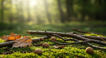 Fototapeta premium Serene Forest Floor with Autumn Leaves and Twigs - Nature Background for Tranquil Designs.