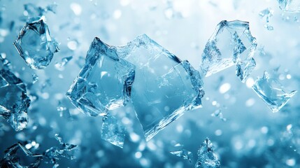 Obraz premium Jagged shards of blue glass scattered an abstract composition against a light blue background with sharp contrasts and reflective highlights forming a fractured visual effect