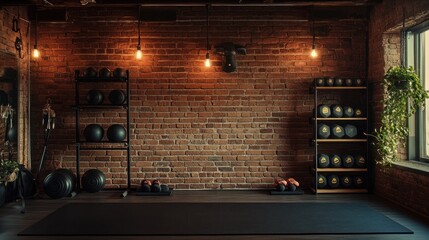 Industrial gym interior with brick wall, weights, and mats.